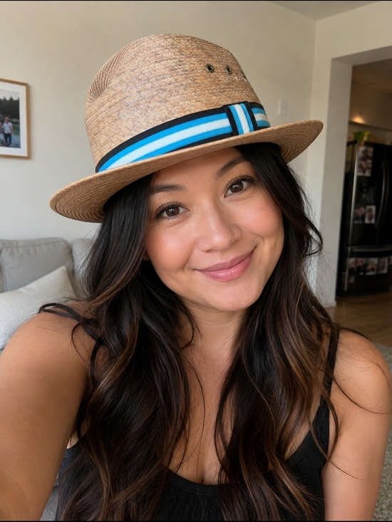 No Brand Accessories - Striped Band Straw Fedora Hat - Natural with Blue Accent
